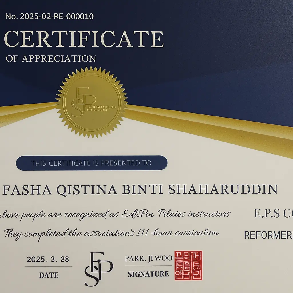 Pilates instructor certification for Fasha completed in Kuala Lumpur